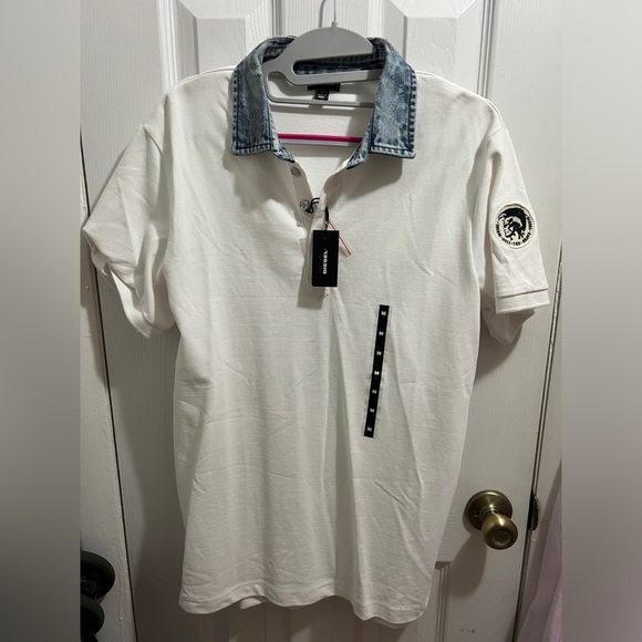 Diesel white short sleeve denim collar polo shirt - Picture 2 of 6